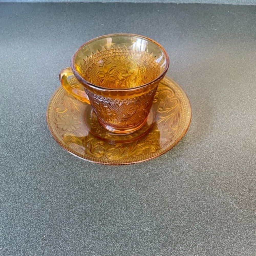Amber Sandwich Glass Cup and Saucer
